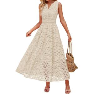 imageZESICA Womens 2026 Summer Sleeveless Maxi Dress Casual V Neck Hollow Out Eyelet A Line Flowy Party Long DressesApricot