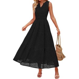 imageZESICA Womens 2026 Summer Sleeveless Maxi Dress Casual V Neck Hollow Out Eyelet A Line Flowy Party Long DressesBlack