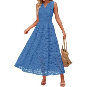 imageZESICA Womens 2026 Summer Sleeveless Maxi Dress Casual V Neck Hollow Out Eyelet A Line Flowy Party Long DressesBlue