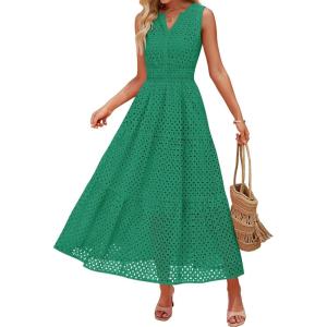 imageZESICA Womens 2026 Summer Sleeveless Maxi Dress Casual V Neck Hollow Out Eyelet A Line Flowy Party Long DressesGreen