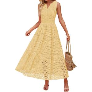 imageZESICA Womens 2026 Summer Sleeveless Maxi Dress Casual V Neck Hollow Out Eyelet A Line Flowy Party Long DressesLightyellow