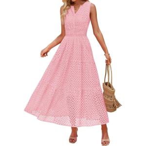 imageZESICA Womens 2026 Summer Sleeveless Maxi Dress Casual V Neck Hollow Out Eyelet A Line Flowy Party Long DressesPink