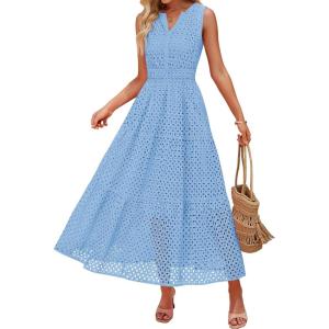 imageZESICA Womens 2026 Summer Sleeveless Maxi Dress Casual V Neck Hollow Out Eyelet A Line Flowy Party Long DressesSky