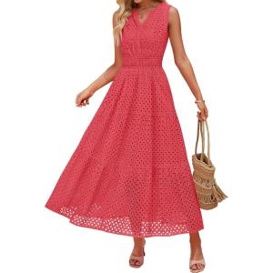 imageZESICA Womens 2026 Summer Sleeveless Maxi Dress Casual V Neck Hollow Out Eyelet A Line Flowy Party Long DressesWatermelon