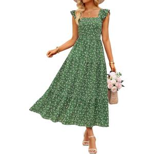 imageZESICA Womens Summer Boho Floral Midi Dress 2026 Casual Ruffle Cap Sleeve Beach Wedding Guest Flowy Tiered Long DressesGrassgreen