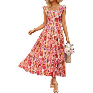 imageZESICA Womens Summer Boho Floral Midi Dress 2026 Casual Ruffle Cap Sleeve Beach Wedding Guest Flowy Tiered Long DressesOrangered