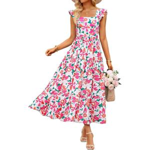 imageZESICA Womens Summer Boho Floral Midi Dress 2026 Casual Ruffle Cap Sleeve Beach Wedding Guest Flowy Tiered Long DressesRose
