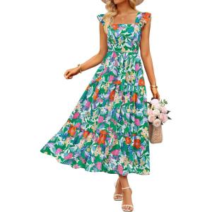 imageZESICA Womens Summer Boho Floral Midi Dress 2026 Casual Ruffle Cap Sleeve Beach Wedding Guest Flowy Tiered Long DressesTurquoise