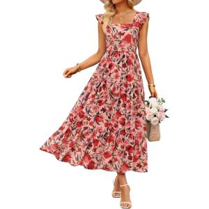 imageZESICA Womens Summer Boho Floral Midi Dress 2026 Casual Ruffle Cap Sleeve Beach Wedding Guest Flowy Tiered Long DressesVintagepink