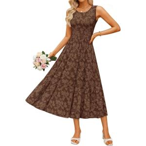 imageZESICA Womens Summer Boho Floral Midi Dress 2026 Sleeveless Beach Vacation Dresses Casual Flowy SundressBrown