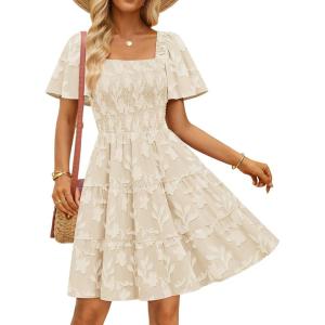 imageZESICA Womens Summer Boho Floral Mini Dress 2026 Casual Short Sleeve Square Neck Swing Beach Vacation SundressApricot