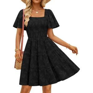 imageZESICA Womens Summer Boho Floral Mini Dress 2026 Casual Short Sleeve Square Neck Swing Beach Vacation SundressBlack