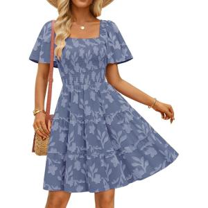 imageZESICA Womens Summer Boho Floral Mini Dress 2026 Casual Short Sleeve Square Neck Swing Beach Vacation SundressDusty Blue