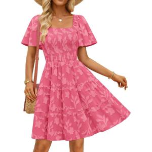 imageZESICA Womens Summer Boho Floral Mini Dress 2026 Casual Short Sleeve Square Neck Swing Beach Vacation SundressHot Pink
