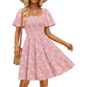 imageZESICA Womens Summer Boho Floral Mini Dress 2026 Casual Short Sleeve Square Neck Swing Beach Vacation SundressPink
