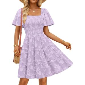 imageZESICA Womens Summer Boho Floral Mini Dress 2026 Casual Short Sleeve Square Neck Swing Beach Vacation SundressPurple