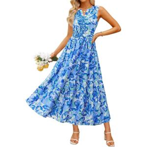 imageZESICA Womens Summer Boho Floral Sleeveless Midi Dress 2026 V Neck Elastic High Waist Flowy Casual Beach Long DressesBlue