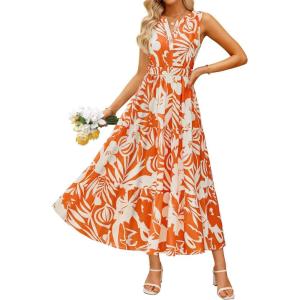 imageZESICA Womens Summer Boho Floral Sleeveless Midi Dress 2026 V Neck Elastic High Waist Flowy Casual Beach Long DressesOrange