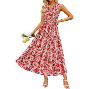 imageZESICA Womens Summer Boho Floral Sleeveless Midi Dress 2026 V Neck Elastic High Waist Flowy Casual Beach Long DressesPink