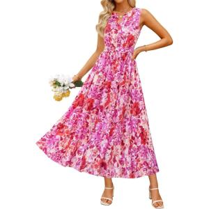 imageZESICA Womens Summer Boho Floral Sleeveless Midi Dress 2026 V Neck Elastic High Waist Flowy Casual Beach Long DressesRose