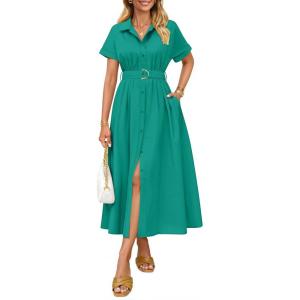 imageZESICA Womens Summer Button Down Midi Dress 2026 Short Sleeve A Line Belt Buiness Casual Shirt Dresses with PocketsGreen