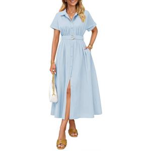 imageZESICA Womens Summer Button Down Midi Dress 2026 Short Sleeve A Line Belt Buiness Casual Shirt Dresses with PocketsLightblue
