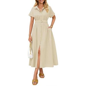 imageZESICA Womens Summer Button Down Midi Dress 2026 Short Sleeve A Line Belt Buiness Casual Shirt Dresses with PocketsNatural
