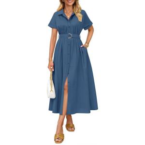 imageZESICA Womens Summer Button Down Midi Dress 2026 Short Sleeve A Line Belt Buiness Casual Shirt Dresses with PocketsNavy