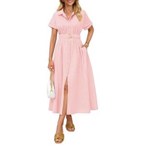 imageZESICA Womens Summer Button Down Midi Dress 2026 Short Sleeve A Line Belt Buiness Casual Shirt Dresses with PocketsPink