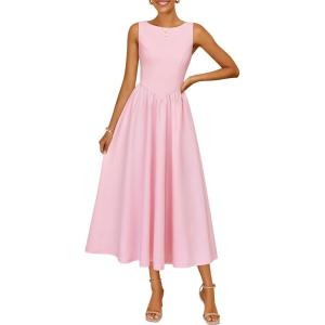 imageZESICA Womens Summer Elegant Sleeveless Midi Dresses 2026 Wedding Guest Cocktail Party Crewnenck Flowy A Line Long DressPink