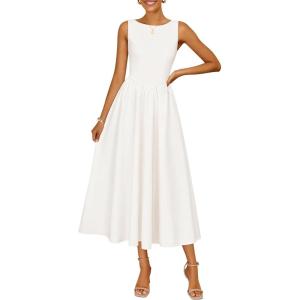 imageZESICA Womens Summer Elegant Sleeveless Midi Dresses 2026 Wedding Guest Cocktail Party Crewnenck Flowy A Line Long DressWhite