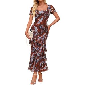 imageZESICA Womens Summer Floral Bodycon Maxi Dress 2026 Square Neck Mesh Ruffle Elegant Cocktail Wedding Party Long DressesBrown