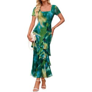 imageZESICA Womens Summer Floral Bodycon Maxi Dress 2026 Square Neck Mesh Ruffle Elegant Cocktail Wedding Party Long DressesGreen