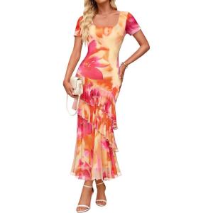 imageZESICA Womens Summer Floral Bodycon Maxi Dress 2026 Square Neck Mesh Ruffle Elegant Cocktail Wedding Party Long DressesOrange