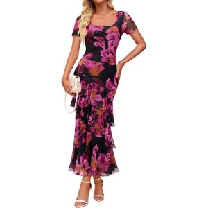 imageZESICA Womens Summer Floral Bodycon Maxi Dress 2026 Square Neck Mesh Ruffle Elegant Cocktail Wedding Party Long DressesPurple