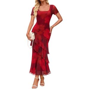 imageZESICA Womens Summer Floral Bodycon Maxi Dress 2026 Square Neck Mesh Ruffle Elegant Cocktail Wedding Party Long DressesRed