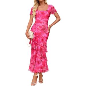 imageZESICA Womens Summer Floral Bodycon Maxi Dress 2026 Square Neck Mesh Ruffle Elegant Cocktail Wedding Party Long DressesRose