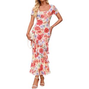 imageZESICA Womens Summer Floral Bodycon Maxi Dress 2026 Square Neck Mesh Ruffle Elegant Cocktail Wedding Party Long DressesVintage Pink