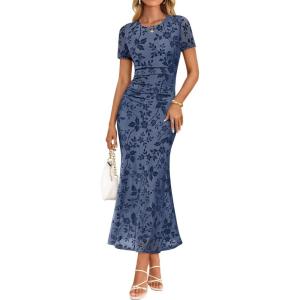imageZESICA Womens Summer Short Sleeve Floral Bodycon Dress 2026 Ruched Mesh Wedding Guest Cocktail Party Maxi DressesDustyblue