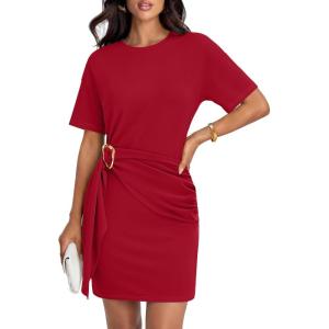 imageZESICA Womens Summer Short Sleeve Mini Dresses 2026 Crewneck Ruched Tie Waist Bodycon Casual Beach Party T Shirt DressRed