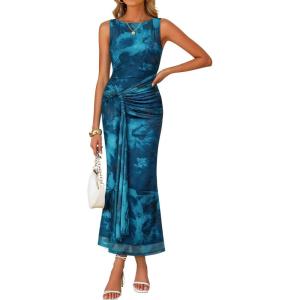 imageZESICA Womens Summer Sleeveless Bodycon Dress 2026 Crewneck Ruched Sexy Mesh Wedding Guest Cocktail Party Maxi DressesDarkblue