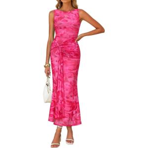 imageZESICA Womens Summer Sleeveless Bodycon Dress 2026 Crewneck Ruched Sexy Mesh Wedding Guest Cocktail Party Maxi DressesRose