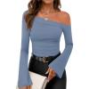 imageZESICA Womens Off Shoulder Tops Bell Long Sleeve Shirts 2026 Fall Trendy Going Out Ruched Tight Fitted Y2K ClothesBlue