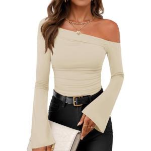 imageZESICA Womens Off Shoulder Tops Bell Long Sleeve Shirts 2026 Fall Trendy Going Out Ruched Tight Fitted Y2K ClothesApricot