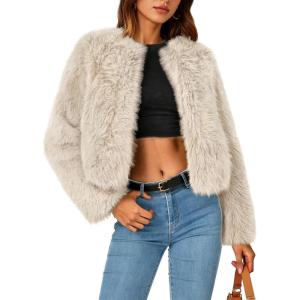 imageZESICA Womens 2026 Winter Faux Fur Coats Fluffy Cropped Jacket Long Sleeve Shaggy Outerwear Fall Clothes with PocketsApricot