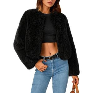 imageZESICA Womens 2026 Winter Faux Fur Coats Fluffy Cropped Jacket Long Sleeve Shaggy Outerwear Fall Clothes with PocketsBlack