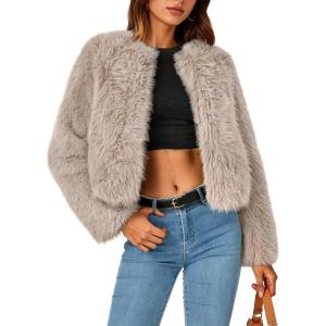imageZESICA Womens 2026 Winter Faux Fur Coats Fluffy Cropped Jacket Long Sleeve Shaggy Outerwear Fall Clothes with PocketsOats