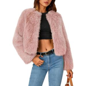 imageZESICA Womens 2026 Winter Faux Fur Coats Fluffy Cropped Jacket Long Sleeve Shaggy Outerwear Fall Clothes with PocketsPink
