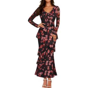 imageZESICA Womens Fall Floral Long Sleeve Maxi Dress 2026 Boho Bodycon V Neck Ruffle Wedding Party Long DressesBlack Rose