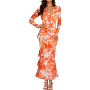 imageZESICA Womens Fall Floral Long Sleeve Maxi Dress 2026 Boho Bodycon V Neck Ruffle Wedding Party Long DressesOrange